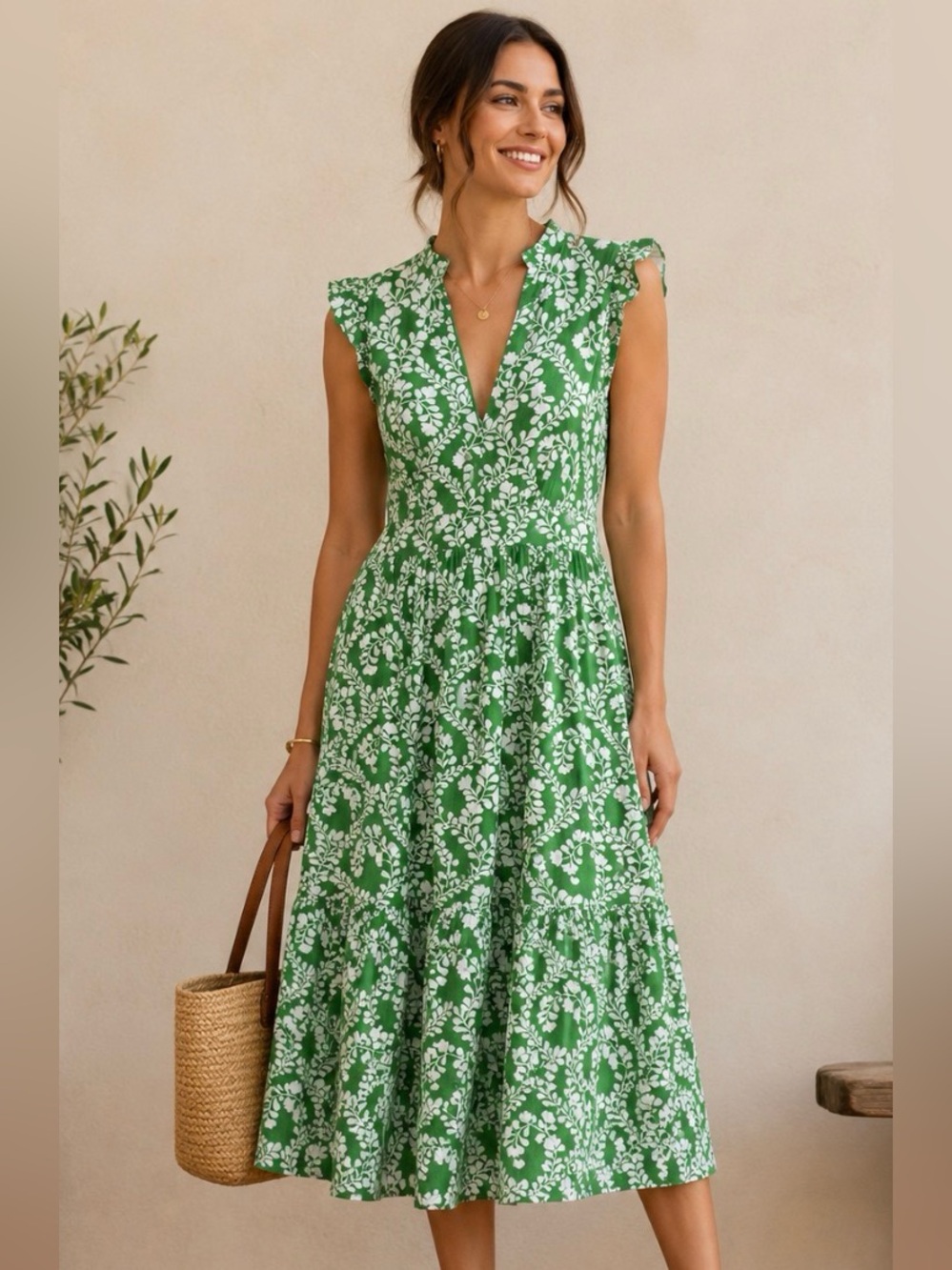 Boden Green and White Floral Midi Gauze Dress